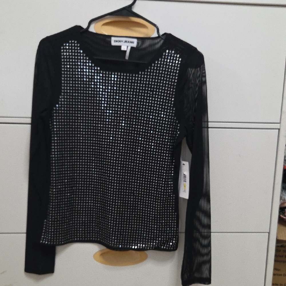 DKNY Jeans Black Mesh Long Sleeve Dome Studded Slim Fit Top